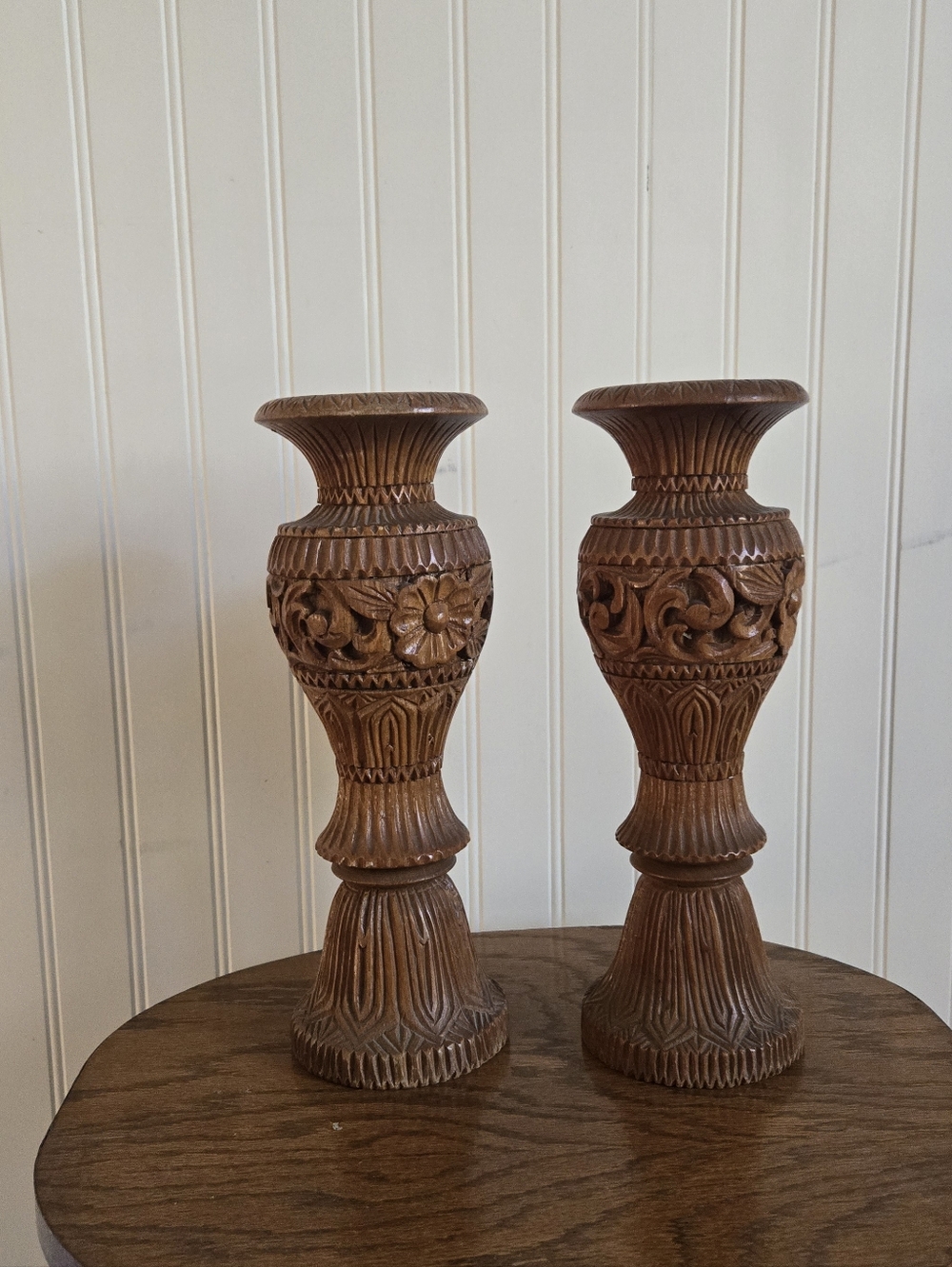 Hand-Carved Brown Wooden Candle Holders - Set of 2
